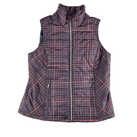 Christoper & Banks Vest Puffer Womens Small Blue Plaid Full Zip Mock Neck Pocket - Picture 1 of 12